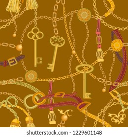 Fashion print with keys, chains, beads, straps and brushes. Seamless vector pattern with jewelry elements. Women's fashon collection. On brown background.