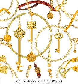 Fashion print with keys, chains, beads, straps and coins. Seamless vector pattern with jewelry elements. Women's fashon collection. On white background.