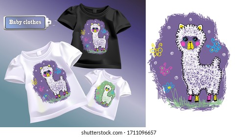 
Fashion print for kids t-shirts. Artistic image of a white llama alpaca. Vector illustration of realistic kids t-shirts. Isolated image of a printable pattern for clothes.