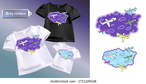 
Fashion print for kids t-shirts. Children's drawing of airplanes in the sky. Vector illustration of realistic kids t-shirts. Isolated image of a printable pattern for clothes.