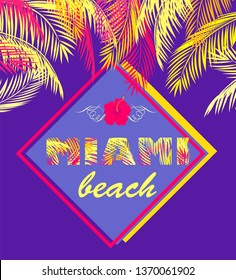 Fashion print with Miami beach lettering with yellow and pink palm leaves on violet background for Tshirt, bag, label, tags, summery party poster, summer sale and other design