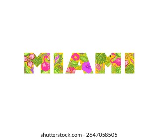 Fashion print with Miami lettering with colorful tropical floral pattern and pink flamingo for t-shirt, bag design, poster