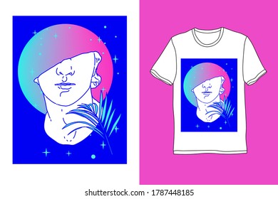 Fashion print on the t-shirt mockup. Fragmentary gypsum head with ferns in cartoon line art simple style.