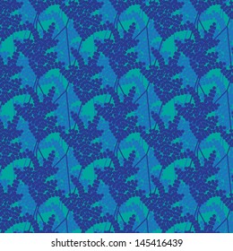 Fashion print overlapping abstract aqua flowers pattern in blue shades