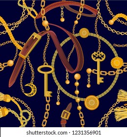 	
Fashion print with realistic chains, leather straps, belts and golden keys. Seamless vector pattern with metallic accessories. Women's fashon collection. On black background.