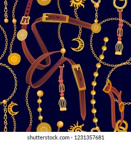	
Fashion print with realistic chains, leather straps, belts and golden beads. Seamless vector pattern with metallic accessories. Women's fashon collection. On black background.