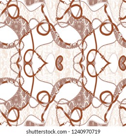 Fashion print with realistic chains, leather straps, belts and golden beads