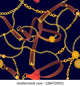 Fashion print with realistic chains, leather belts and brushes. Seamless vector pattern with metallic accessories. Women's collection. On black background.