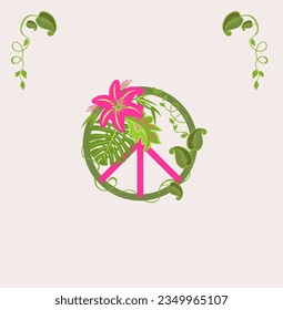 Fashion print for t shirt, bag design and other textile art with Hippie peace sign with tropical leaves, hot pink exotic flower, liana and monstera deliciosa