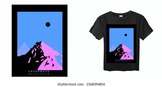 Fashion print for t-shirt with beautiful mountain landscape in neon bright colors. Japanese text means "Vaporwave".