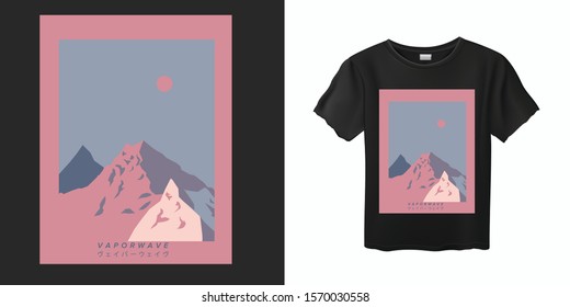 Fashion print for t-shirt with beautiful mountain landscape in pastel colors. Japanese text means "Vaporwave".