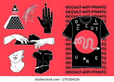 Fashion print for t-shirt with occulture and alchemical elements in line art style. 