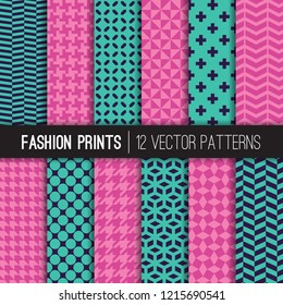 Fashion Prints Vector Patterns In Orchid Pink, Teal And Navy. Houndstooth, Herringbone, Triangle, Cross, Lattice, Polka Dots And Chevron Geometric Duo Tone Backgrounds. Repeating Pattern Tile Swatches