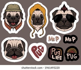 Fashion Pug dog stickers vector illustration for your company or brand