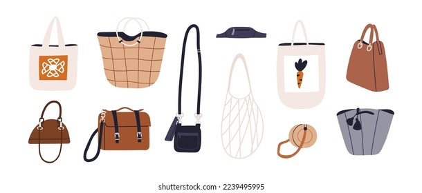Fashion purses designs set. Hand and shoulder bags models in modern style. Women accessories, leather handbags, textile totes, grocery mesh. Flat vector illustrations isolated on white background
