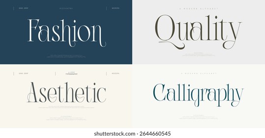 Moda, Qualidade, estética, caligrafia logotipo tipografia moda elegante minimalista serif italic fontes decorativas casamento vintage retro logos. Mínimo alfabeto de fonte de luxo. Ilustração vetorial