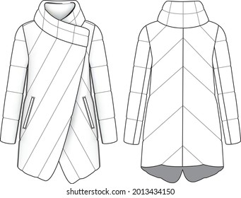 Fashion quilt dawn feather jacket coat technical illustration. Editable outwear flat fashion sketch