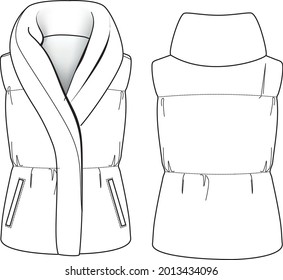 Fashion quilt dawn feather vest sleeveles jacket technical illustration. Editable outwear flat fashion sketch