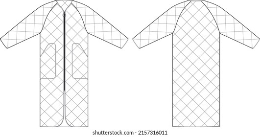 Fashion quilted jacket with patch pockets for woman. Technical drawing. Fashion illustration.