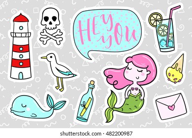 Fashion quirky cartoon doodle patch badges with cute elements. Vector illustration isolated on background. Set of stickers, pins, patches in cartoon comic style of 80s-90s. Vector collection