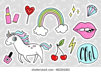 Fashion quirky cartoon doodle patch badges with cute elements. Vector illustration isolated on background. Set of stickers, pins, patches in cartoon comic style of 80s-90s. Vector collection