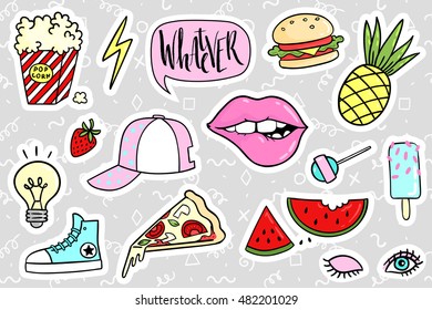 Fashion quirky cartoon doodle patch badges with cute elements. Vector illustration isolated on background. Set of stickers, pins, patches in cartoon comic style of 80s-90s. Vector collection