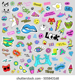 Fashion quirky cartoon doodle patch badges with cute elements. Isolated vector. Set of stickers,pins,patches in cartoon comic style of 80s 90s. Hearts,speech bubbles,love, lips, hearts, eyes, stars.