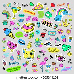 Fashion quirky cartoon doodle patch badges with cute elements. Isolated vector. Set of stickers,pins,patches in cartoon comic style of 80s 90s. Hearts,speech bubbles,love, lips, hearts, eyes, stars.