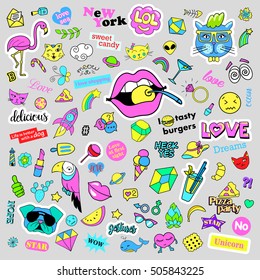 Fashion quirky cartoon doodle patch badges with cute elements. Isolated vector. Set of stickers,pins,patches in cartoon comic style of 80s 90s. Hearts,speech bubbles,love, lips, hearts, eyes, stars.