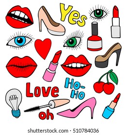 Fashion quirky cartoon doodle patch badges with cute elements. Isolated. Set of stickers,pins in comic style of 80s 90s.