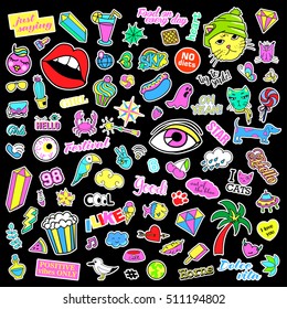 Fashion quirky cartoon doodle patch badges with cute elements. Isolated vector. Set of stickers,pins,patches in comic style of 80s 90s.