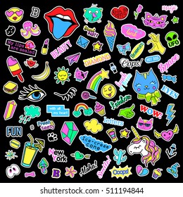 Fashion quirky cartoon doodle patch badges with cute elements. Isolated vector. Set of stickers,pins,patches in comic style of 80s 90s.