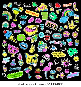 Fashion quirky cartoon doodle patch badges with cute elements. Isolated vector. Set of stickers,pins,patches in comic style of 80s 90s.