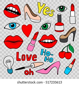 Fashion quirky cartoon doodle patch badges with cute elements. Isolated. Set of stickers,pins in comic style of 80s 90s.