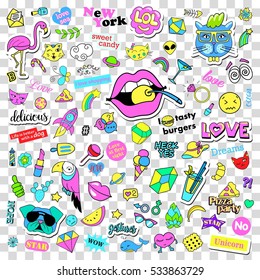 Fashion quirky cartoon doodle patch badges with cute elements. Isolated vector on transparent background. Set of stickers, pins, patches in comic style 80s 90s. Eps 10