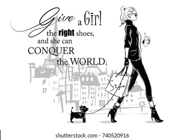 Fashion quote with fashion woman in sketch style. Vector illustration