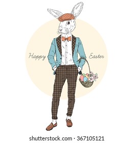 fashion rabbit with Easter basket, fashion animal illustration, Happy Easter design