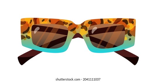 Fashion rectangular sunglasses with thick frame. Stylish retro sun glasses with rectangle lenses and plastic wide rim. Summer eyewear. Colored flat vector illustration isolated on white background