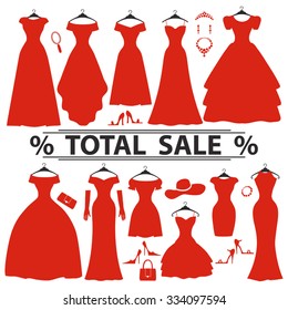 Fashion red dresses in modern flat design.Sale poster,background. Vector  Composition with accessories. Illustration.Party Dresses hanging on the hanger.Black friday shopping