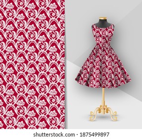 Fashion red fabric printed dress on a black mannequin. Dress clothes realistic 3d mockup. Seamless crimson Flower pattern in ethnic painting style. Vector illustration