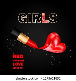 Fashion red lipstick and red heart on dark background. Trendy greeting card or flyer. Vector illustration.