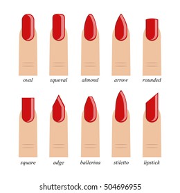 Fashion red nail vector set. Types of fashion nail shapes. Vector illustration