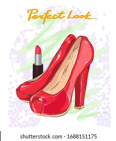 Fashion red summer high heeled shoes and lipstick. Vector cartoon illustration.