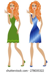 Fashion redhead slender girl in green and blue dresses, hand drawing vector illustration