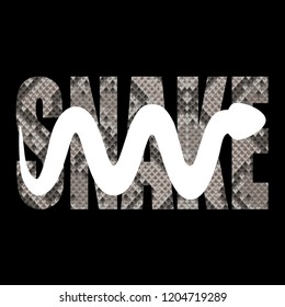 Fashion reptile print with snake silhouette and snakeskin pattern on black background. Trend composition with lettering for tshirt and apparel graphics, poster, print, postcard.