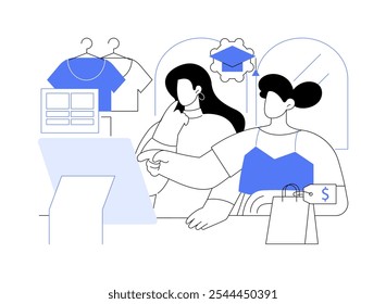 Moda venda a retalho ilustrações isoladas de vetor de desenhos animados. Garoto estudante sorridente praticando no varejo sob supervisão, vendas de moda, atendimento ao cliente, processo educacional vetor cartoon.