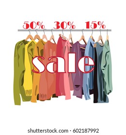 Fashion retail shop sale discount sign.for website leaflets flat design with text. Clothes bright colorful rail.arty, style, design.modern colorful original minimalistic.shopping.