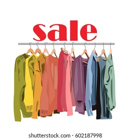 Fashion retail shop sale discount sign.for website leaflets flat design with text. Clothes bright colorful rail.arty, style, design.modern colorful original minimalistic.shopping.