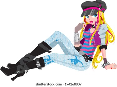 Fashion Rocker Girl Sit On The Floor