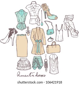 Fashion romantic dresses. Vector set of items of women's wardrobe